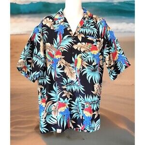 Pacific & Co Mens Multicolor Hawaiian Floral Parrot Macaw Button Up Shirt Sz L